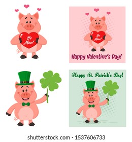 Cute Pig Cartoon Character Set 2. Flat Vector Collection Isolated On White Background