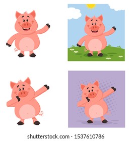 Cute Pig Cartoon Character Set 3. Flat Vector Collection Isolated On White Background