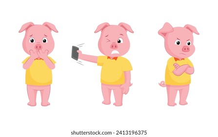 Cute Pig Cartoon Character Set with Different Poses. Pig Hands on Mouth, Angry and Holding Shouting Phone Vector Illustration