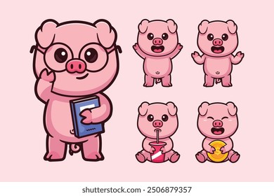 cute pig cartoon character set