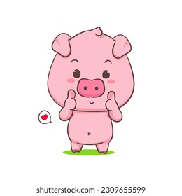 Cute pig cartoon character showing thumbs up. Adorable animal concept design. Isolated white background. Vector art illustration.