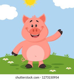 Cute Pig Cartoon Character Waving For Greeting. Vector Illustration Flat Design With Landscape Background