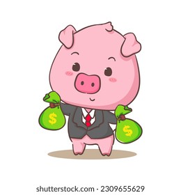 Cute pig cartoon character wearing formal suit holding money bag. Adorable animal concept design. Isolated white background. Vector art illustration.