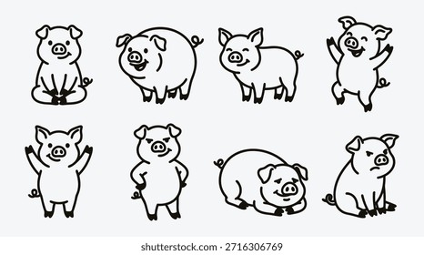 Ilustración vectorial de personajes de dibujos animados de cerdo lindo para el diseño de animales de granja