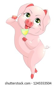 Cute pig cartoon. Cheerful pigs dance and drink champagne.