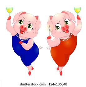 Cute pig cartoon. Cheerful pigs dance and drink champagne.