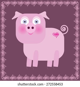 Cute pig cartoon in frame - vector illustration