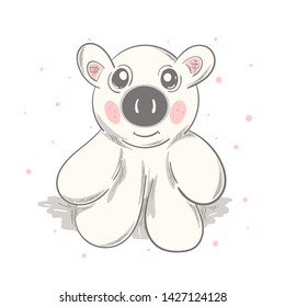Cute pig cartoon hand drawn vector illustration. Can be used for t-shirt print, kids wear fashion design, baby shower invitation card.