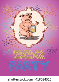 cute pig cartoon illustration in bbq party template