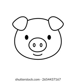 Cute pig cartoon illustration featuring a smiling farm animal head, minimalist line art graphic of a happy swine character with a prominent snout, depicting a mammal livestock hog face