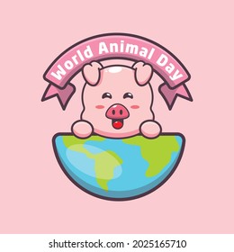 cute pig cartoon illustration in world animal day. cute vector design character. Vector isolated flat illustration for poster, brochure, web, mascot, sticker, logo and icon.