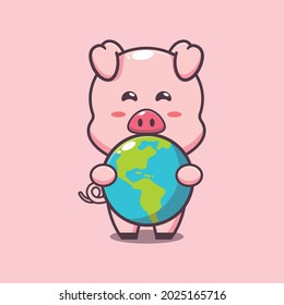 cute pig cartoon illustration in world animal day. cute vector design character. Vector isolated flat illustration for poster, brochure, web, mascot, sticker, logo and icon.