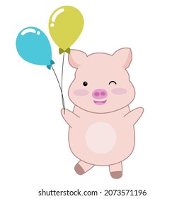 cute pig cartoon isolated on white background Vector illustration, pig holding balloon.