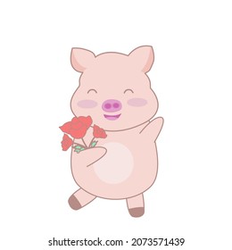 cute pig cartoon isolated on white background Vector illustration, cute pig holding red rose.