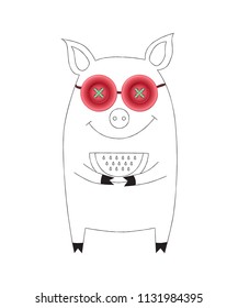 Cute pig in cartoon linear style with realistic pink button sunglasses. The pig hold a watermelon piece in paws. Combination of object and drawing. Vector illustration, black ink silhouette background