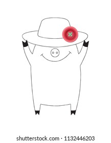 Cute pig in cartoon linear style with realistic pink button on sun hat. Combination of object and drawing. Vector illustration, black ink silhouette background. Summer time rest, funny animal.