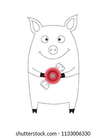 Cute pig in cartoon linear style with realistic pink button sweet in paws. Combination of object and drawing. Vector illustration, black ink silhouette background. Chinese new year 2019 symbol.