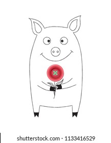 Cute pig in cartoon linear style with realistic pink button like a flower in paws. Combination of object and drawing. Vector illustration, black ink silhouette background. Chinese new year 2019 symbol