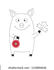 Cute pig in cartoon linear style with realistic pink button bag. The pig holds autumn leave in one paw. Combination of object and drawing. Vector illustration, black ink silhouette background.