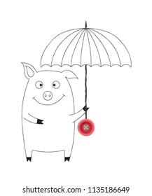Cute pig in cartoon linear style with realistic pink button detail on umbrella, which it holds in one paw. Combination of object and drawing. Vector illustration, black ink silhouette background.