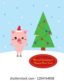 cute pig cartoon merry christmas greeting card vector with christmas tree graphic