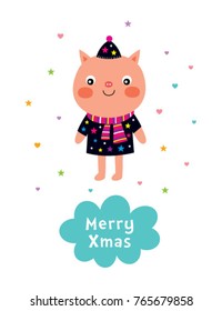 cute pig cartoon merry christmas greeting card vector