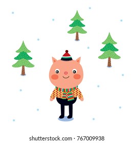cute pig cartoon merry christmas greeting vector
