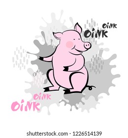 
Cute pig cartoon. Pink Pig says oink-oink. Greeting card in comics style. Pig is a symbol of the 2019 Chinese New Year.  Vector illustration