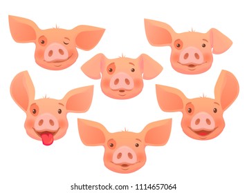 Cute pig cartoon. Set of pig heads isolated. Vector illustration set