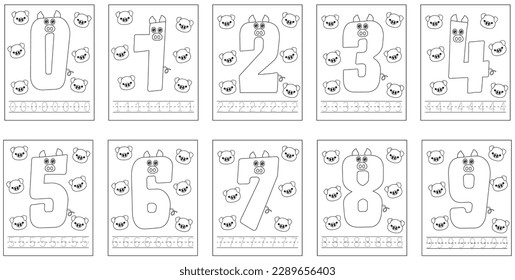 Caricatura de cerdo. Conjunto de número de seguimiento 0-9. Libro de colorear para niños. Libro de actividades. Números de aprendizaje. Hoja de cálculo preescolar.