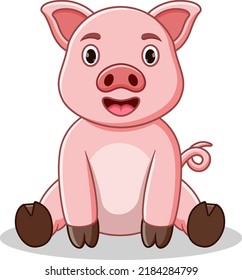 Cute pig cartoon sitting isolated on white background