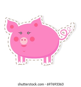 Cute pig cartoon sticker or icon. Funny pink piggy flat vector isolated on white background
