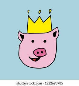 Cute pig cartoon vector illustration. Smiling pig in the golden crown on the pastel blue background