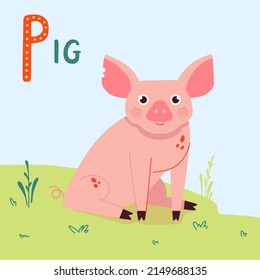 Cute pig cartoon vector illustration. Domestic farm animal character on green grass on blue sky
