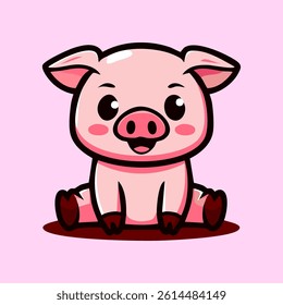 Cute pig cartoon vector mascot sitting simple minimalist flat isolated