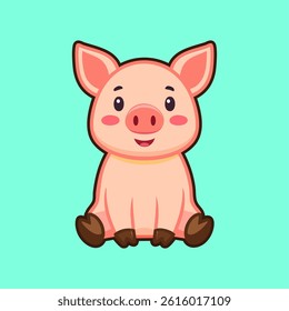 Cute pig cartoon vector mascot sitting simple minimalist flat isolated