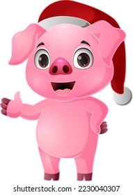 Cute pig cartoon wearing santa hat  waving hand