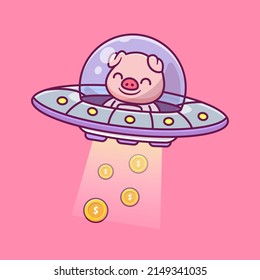 Cute Pig Catching Gold Coin Money With Ufo Cartoon Vector Icon Illustration. Animal Finance Icon Concept Isolated Premium Vector. Flat Cartoon Style