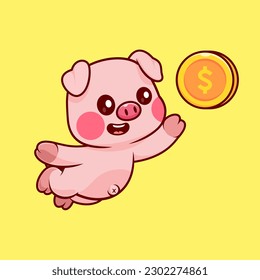 Cute Pig Catching Gold Coin Cartoon Vector Icon Illustration. Animal Finance Icon Concept Isolated Premium Vector. Flat Cartoon Style