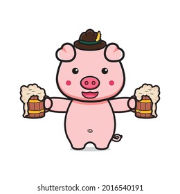 Cute pig celebrate oktoberfest cartoon icon illustration. Design isolated flat cartoon style