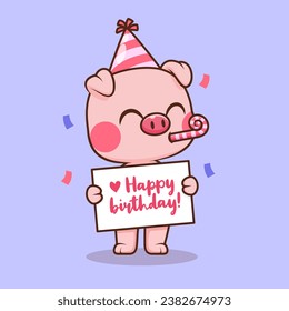 Cute Pig Celebrating Birthday Party Cartoon Vector Icon 
Illustration. Animal Holiday Icon Concept Isolated Premium
Vector. Flat Cartoon Style