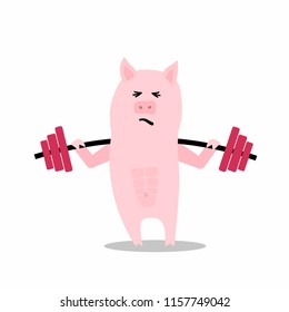 Cute pig character with a barbell. Vector illustration