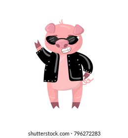 Cute pig character in a black jacket and sunglasses showing victory sign, funny cartoon piggy animal vector Illustration