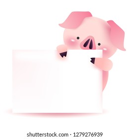 Cute pig character with blank signboard. 2019 Chinese New Year.