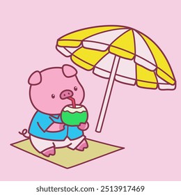 Ilustração de design de personagem de porco bonito bebendo na praia