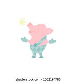 Cute pig character dreaming and making a wish card vector illustration