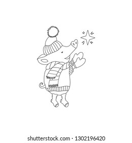 Cute pig character dreaming and making a wish coloring book vector illustration