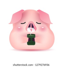Cute pig character drinking tea. 2019 Chinese New Year.