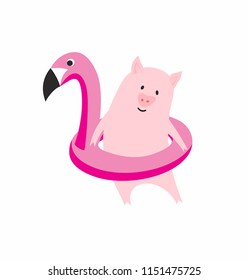Cute pig character with flamingo in cartoon style