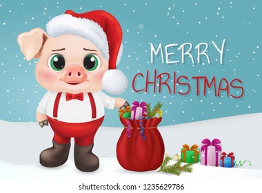 Cute pig character. Happy new year invitation card. Vector Illustration EPS10.